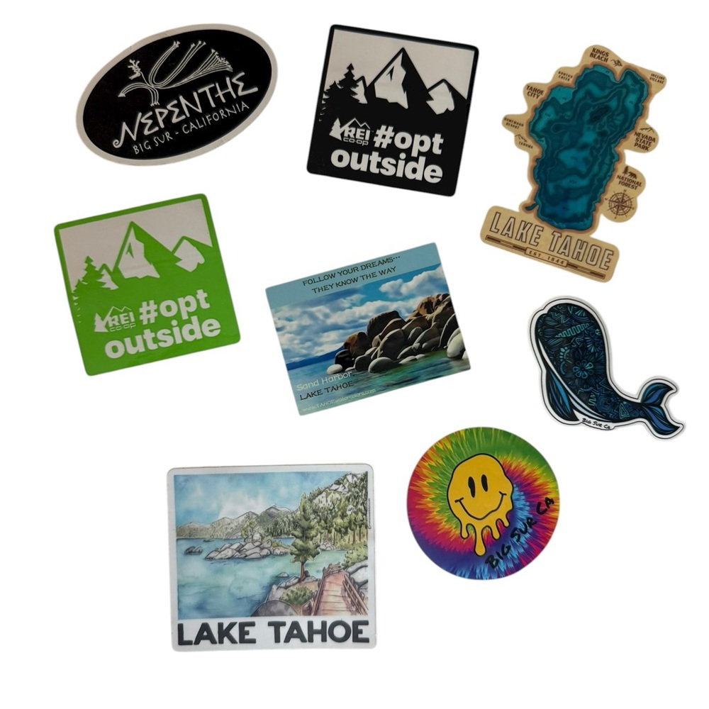 Colorful Lake Tahoe, Big Sur, & REI Stickers